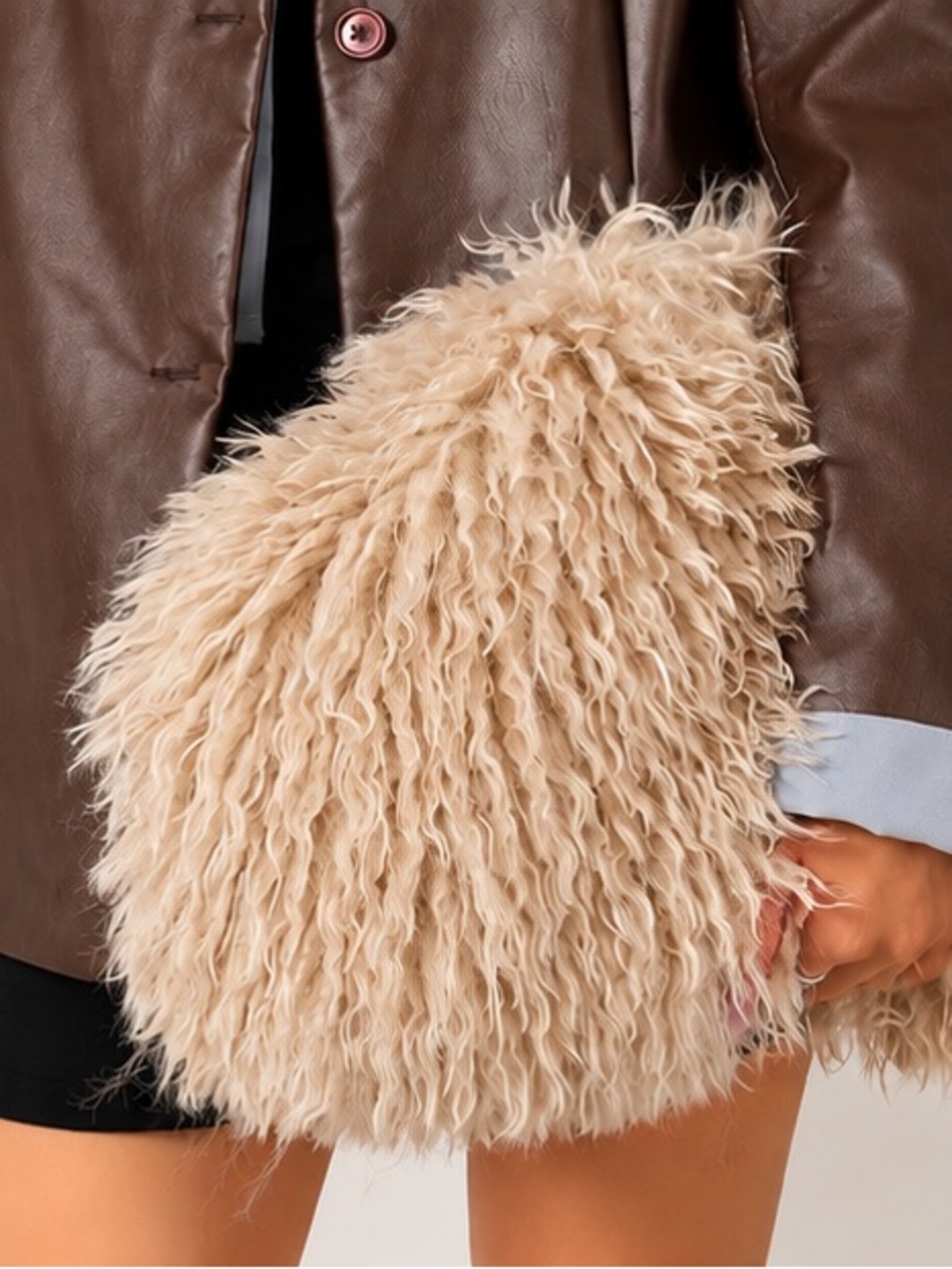 Oversized Shaggy Faux Fur Clutch Bag Cream Fluffy Statement Purse